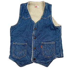 Vintage 70s Levis Vest Mens Small Blue Sherpa Lined Denim Orange Tab Western USA - Picture 1 of 9