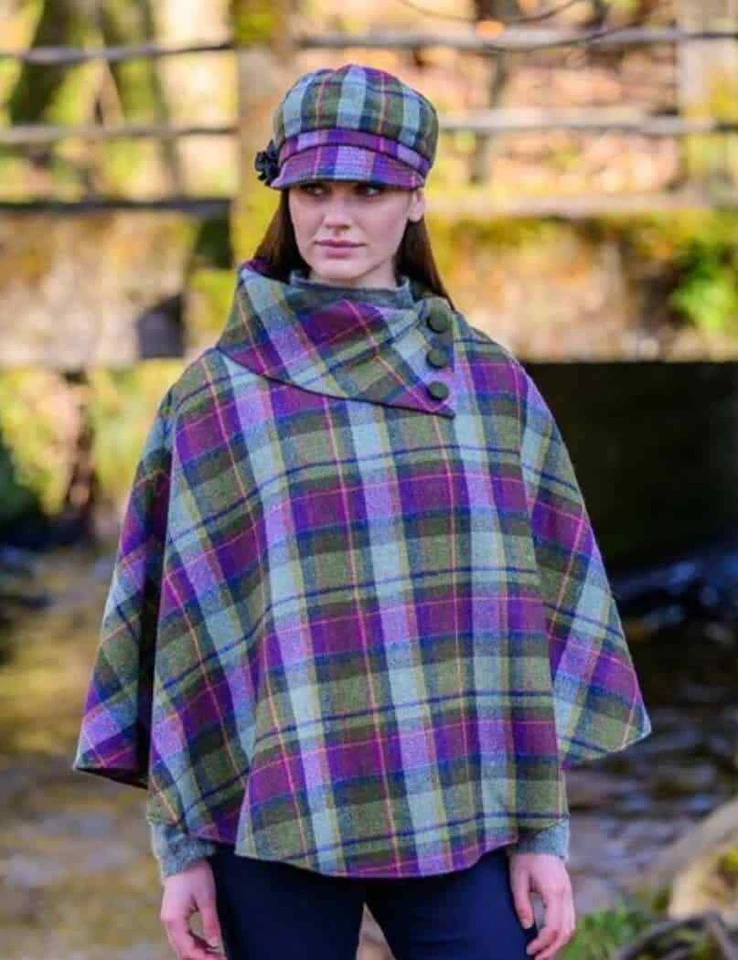 Poncho feminino de três botões, combo Newsboy – verde, xadrez roxo - Imagem 1 de 1