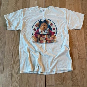 Vintage Y2K God Bless America Teddy Bear Graphic Tee Off White Mens Large - Picture 1 of 7