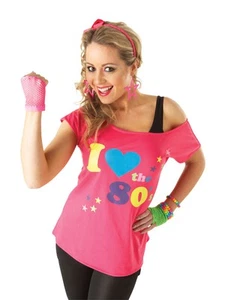 Womens Ladies I Love The 80's T-Shirt Pink Top Adult Fancy Dress Hen Outfit - Picture 1 of 5