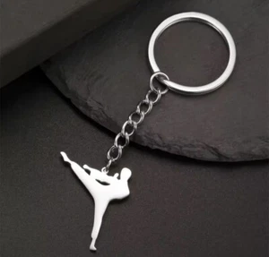 Silver SS Taekwondo High Kick Keyring Karate Martial Arts Keychain + Gift Bag - Picture 1 of 2