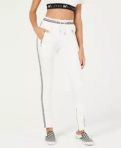 Women's Junior's Waisted Checkered Varsity-Stripe Track Pants Size Medium White - Picture 1 of 2
