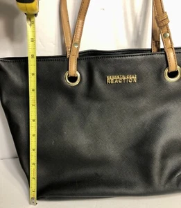 Black Tote Bag Shoulder Bag Kenneth Cole Reaction Cognac Leather Handles Purse - Picture 1 of 9
