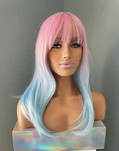 Pink Blue Ombre Rainbow Wig with Bangs, 16 Inch Cotton Candy Wig - Picture 1 of 7