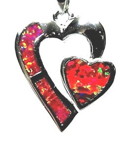 Silver Filled 925 Pendant Red Lab Fire Opal DOUBLE HEART  3/4"