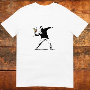 BANKSY FLOWER THROWER SHORT-SLEEVE UNISEX T-SHIRT PEACE BOMB GRAFFITI BRAND NEW - Picture 1 of 8