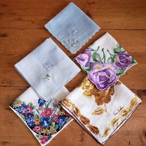 Vintage Set Of 5 Hankies Handkerchief Floral Embroidered 1950's Cotton Square - Picture 1 of 20