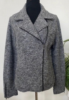 Nueva Chaqueta de Moto Tahari Gris Negra Mezcla de Lana Asimétrica Talla L, $125 Foto 1 de 4
