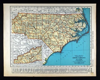 Mapa McNally 1937 Carolina del Norte Raleigh Charlotte Wilmington Outer Bank Hatteras Foto 1 de 4