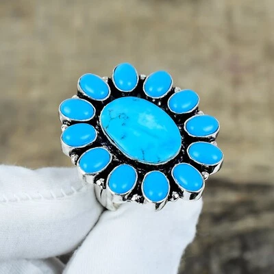 Elegant Turquoise Gemstone Ring Handmade 925 Sterling Silver Jewelry For Gift - Image 1 of 4