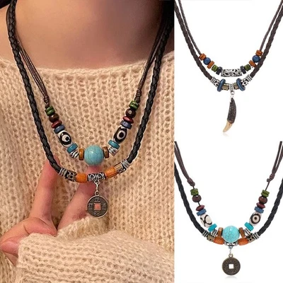 PU Leather Natural Boho Necklace Pendant Wooden Beads Ethnic Long Chain Charm # - Image 1 of 4