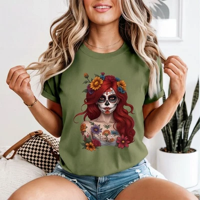 Calavera Day Of The Dead Culture Womens T-Shirt Floral Skull Art - Image 1 of 2