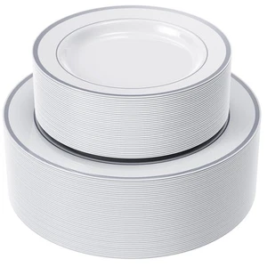 Silver Plastic Plates Set of 102, Disposable Heavy Duty 51 Dinner Plates and ... - Picture 1 of 7