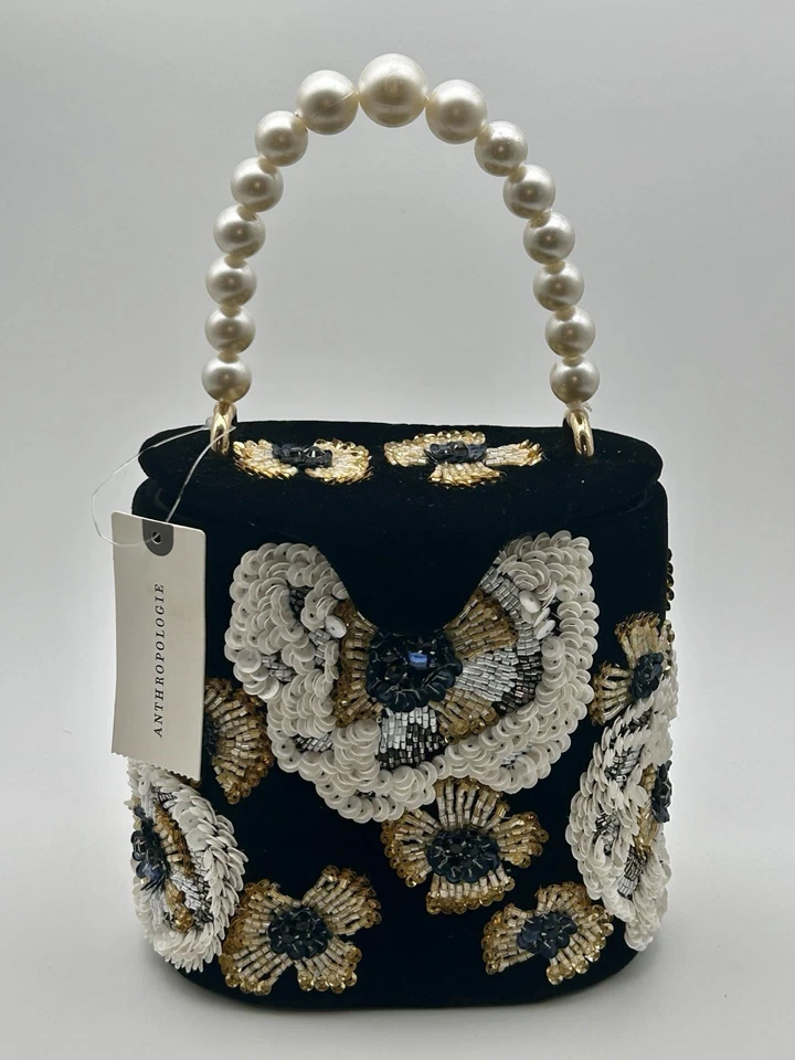 NWT Anthropologie Beaded Floral Velvet Bucket Bag Pearl Handle Viral Evening Bag - Image 1 of 4
