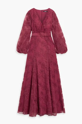 New, Badgley Mischka Belted Embroidered Tulle Gown in Burgundy Size 12 #LD062 - Image 1 of 4