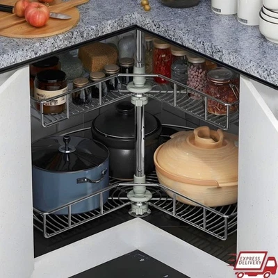 2-Tier Round Lazy Susan Organizer Stainless Steel Corner Cabinet Storage Rack US - Image 1 of 4