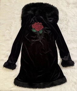 Betsey Johnson Rose Velvet Duster Coat Jacket Black Vintage Medium - Picture 1 of 4