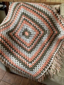 NEW Handmade Afghan blanket Throw Child Baby Lap Size Peach Tan White Square - Picture 1 of 7