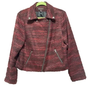 Dana Buchman Tweed Moto Jacket Red Black Zippered Pockets Size 12 - Picture 1 of 9