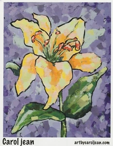 Yellow Easter Lily Art Print Carol Jean 4 X 5 Inch Floral Purple Background - Picture 1 of 2