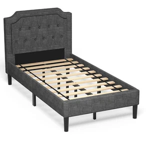 Twin Upholstered Platform Bed Frame Headboard Wood Mattress Foundation - Picture 1 of 7