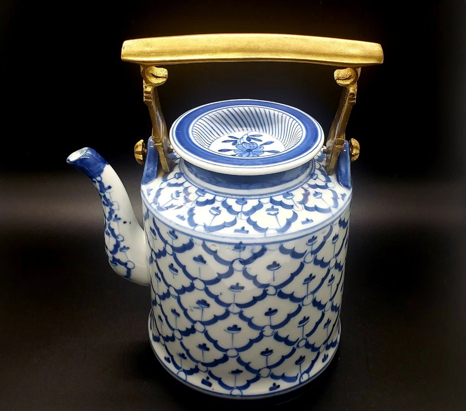 Antique Export Blue & White Teapot with Brass Handle - Image 1 of 4