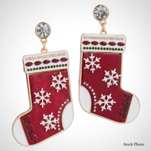 Torrid Earrings Women Christmas Stocking Pierced Dangle Rhinestones Enameled NWT - Picture 1 of 4