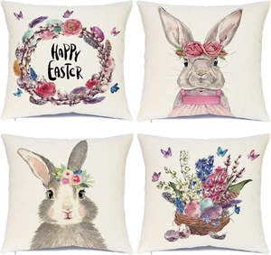 Easter Pillow Covers 18X18 Set of 4 Easter Pillow Case Rabbit Bunnies with Eggs - Picture 1 of 12