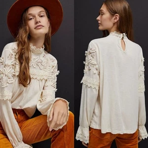Anthropologie Jemma Cream Crochet Lace Romantic Blouse Size M NEW - Picture 1 of 7
