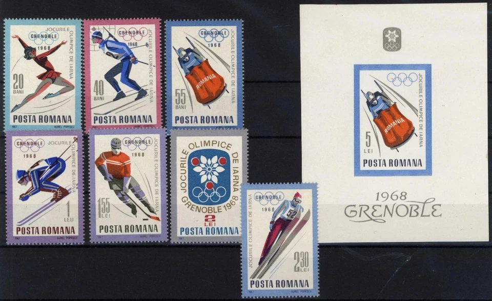 Rumano 1968 GRENOBLE JUEGOS OLÍMPICOS DE INVIERNO MNH, serie OG + bloque, B Foto 1 de 1