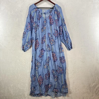 Zara Dress Womens XL Blue Floral Boho Maxi 100% Ramie V-Neck Long Sleeve Peasant - Image 1 of 4
