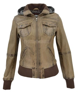 Giacca donna in pelle marrone invecchiata con cappuccio stile bomber vero look vintage - Foto 1 di 5