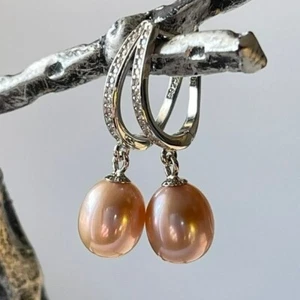 925 Sterling Silver Real Natural Freshwater Lavender Drop Pearl Dangle Earring - Picture 1 of 7