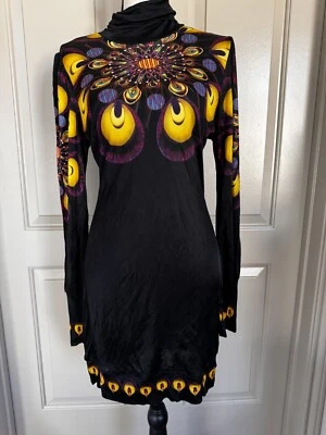 Unique Custo Barcelona Y2K Peacock Art Print Long Sleeve Dress Turtleneck Rare - Image 1 of 4