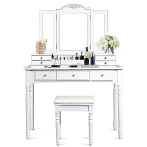 Bedroom Tri-Folding Necklace Hooked Mirror Dressing Table Set W/7 Drawers White - Picture 1 of 6
