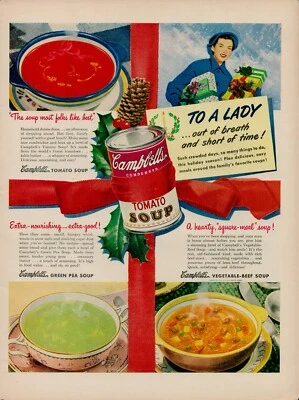 1949 Campbells Sopa Tomate Lata Anos 40 Estampa Vintage Anúncio Verde Ervilha Vegetal Carne - Imagem 1 de 4
