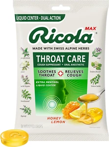 Ricola Max Throat Care Honey Lemon Cough Drops,Liquid Center,Dual Action,34Count