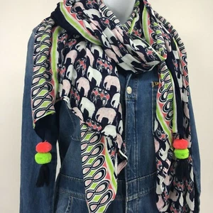 Large Multicolor Pink Elephant Tribal Print Scarf Wrap Pom Pom Blue Tassel 29X54 - Picture 1 of 4