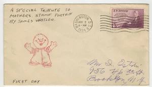 1934 MOTHER's DAY 737 FDC JAMES WHISTLER PAINTING & Quirky "Fuzzy Guy" Cachet - Picture 1 of 1