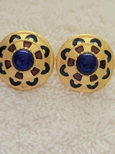Royal Egyptian Enamel Pierced Earrings W Lapis Cabochon Center Soft Gold Finish - Picture 1 of 12