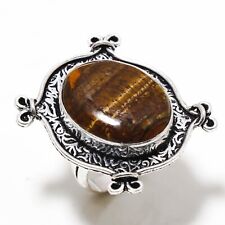 925 Sterling Silver Natural Tiger's Eye Gemstone Handmade Ring Jewelry Size 9
