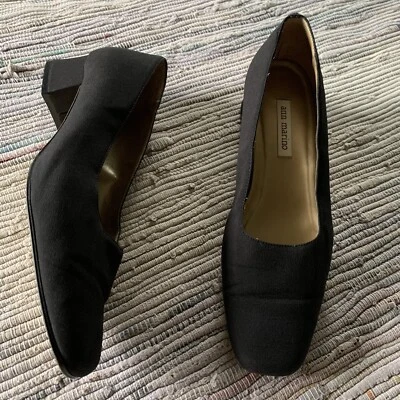 De colección ANN MARINO Bombas MUJER 10M NEGRO TELA BLOQUE TACÓN Puntera Cuadrada Años 90 Y2k Foto 1 de 4