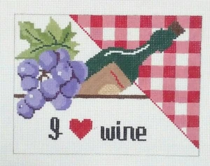 Needlepoint HP handpainted canvas I LOVE WINE sign 8"x6" 13m red white check  - Picture 1 of 4