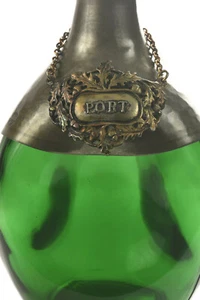 PORT BOTTLE-Emerald Green Liquor Decanter-Pewter Overlay-Made In France-3 Sided - Picture 1 of 12