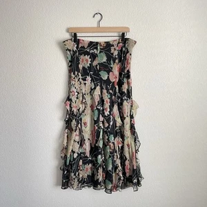 Lauren Ralph Lauren Skirt Large 100% Silk Black Floral Ruffled y2k Cottage - Picture 1 of 9