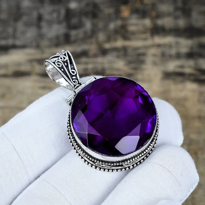 Pendente In Argento Sterling 925 Fatti A Mano In Gemma Di Ametista Viola Etnico - Immagine 1 di 4