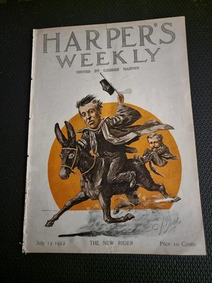 1912 Harper’s Weekly July 13 – Woodrow Wilson Riding Donkey Cover – Caricature - Image 1 of 4