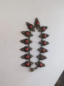 Fabulous Vintage Fancy Brass & Red Oval Art Deco Bracelet - Picture 1 of 6