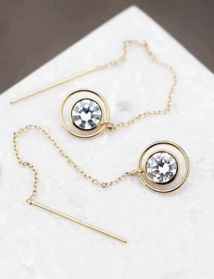 14K Yellow Gold Vintage Contemporary Modern CZ Threader Dangle Earrings - Image 1 of 3