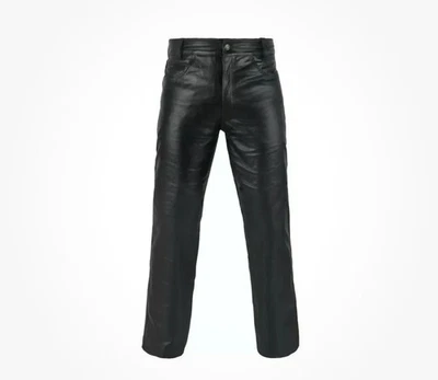 Pantalones de cuero genuino para hombre con cremallera de cuero genuino suave pantalón de motociclista Foto 1 de 4